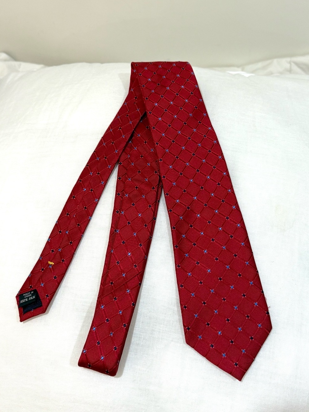 Nautica Red Silk Tie with Blue Dot Grid